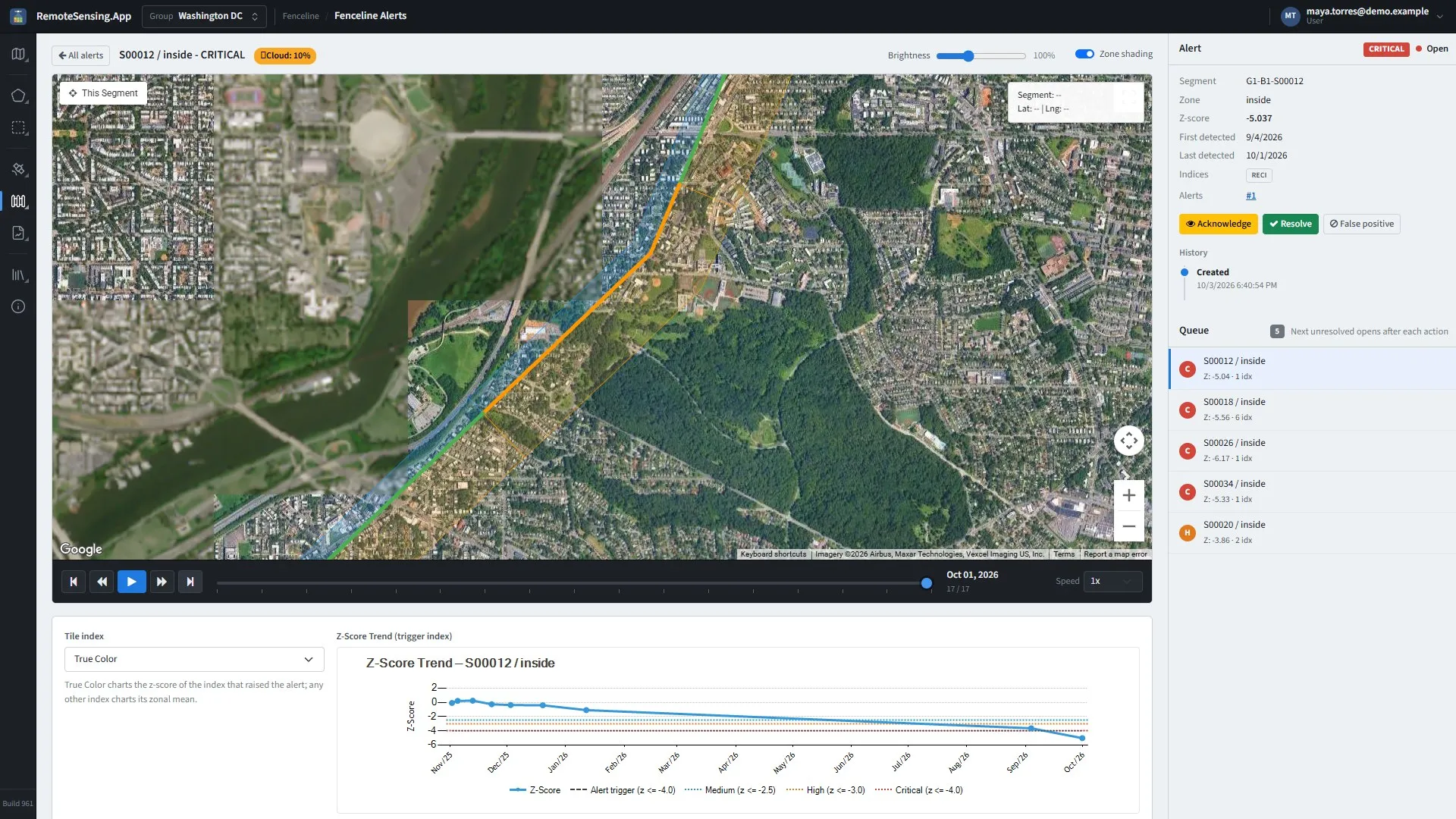 The triage view: the segment on the map, the scenes to step through, the trend below, and the alert and its queue on the right.