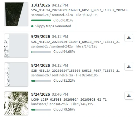 Scenes in the list: preview, date, scene, tile, cloud and status.