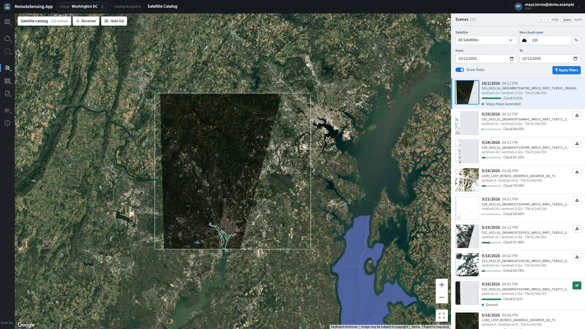 Satellite catalog: the scenes’ outlines on the map, the filters and the list on the right.
