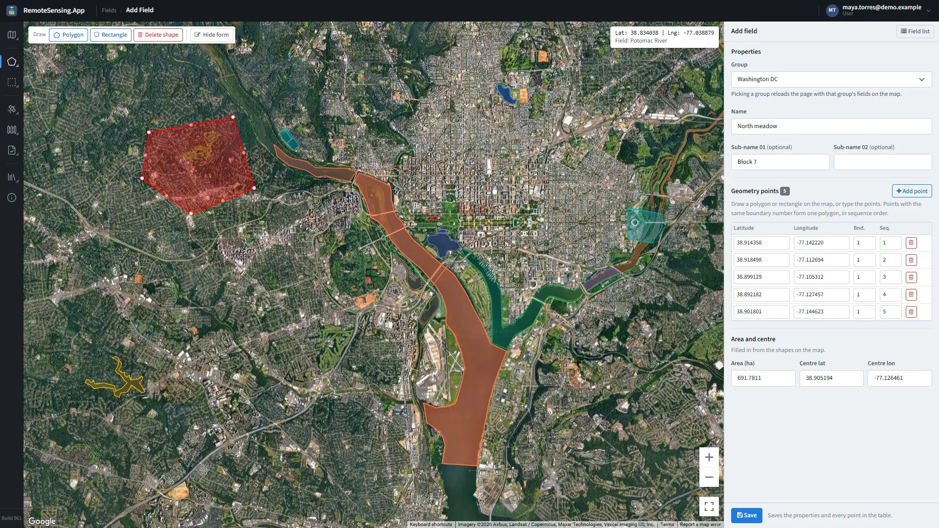 Add field: the properties and points on the left, the group’s other fields on the map.