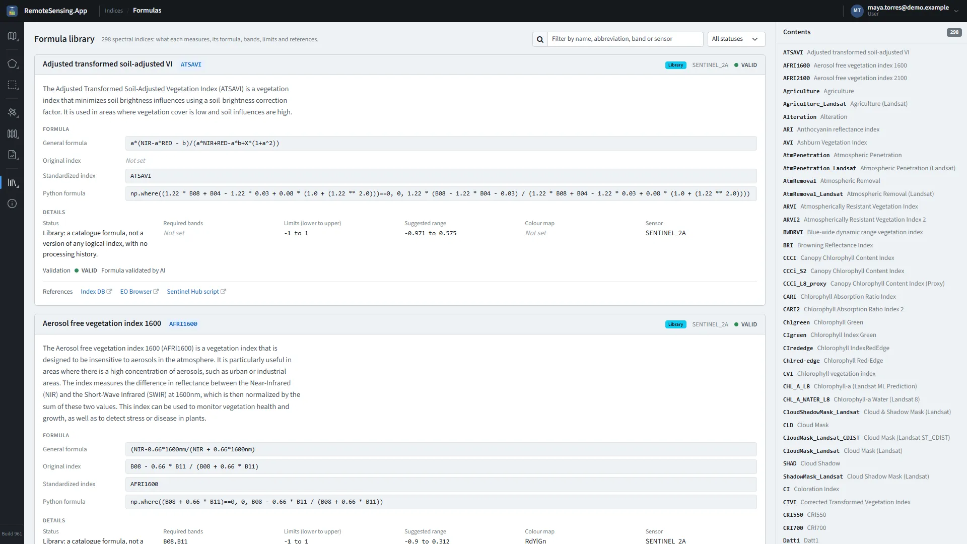 Indices, Formulas: every index the site knows, with its status, formula, bands and references.