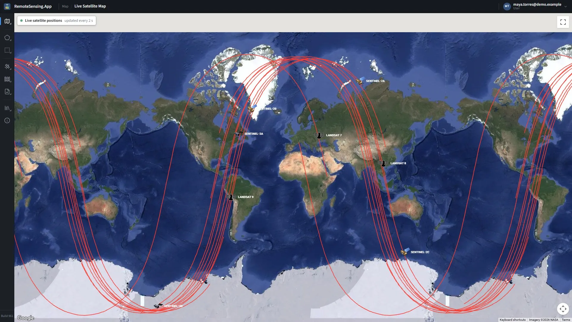 Map, Live satellite map: where the imaging satellites are now, and the ground they are about to cross.