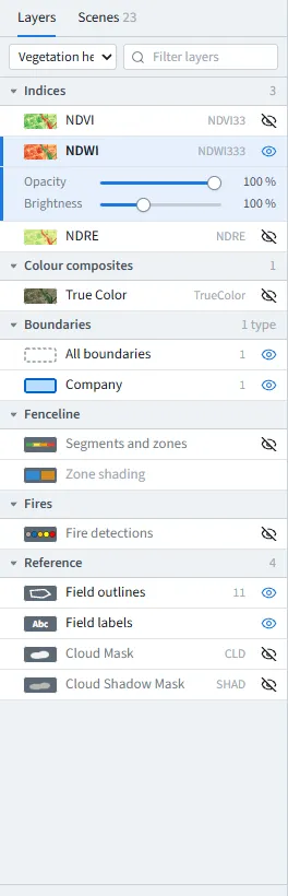 The Layers tab with a map view chosen: its indices and colour composites in the view’s order, then boundaries, fenceline, fires and the reference layers.