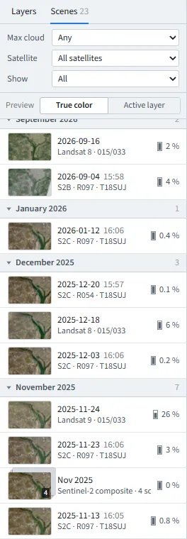 The Scenes tab: the filters, then every scene by month.