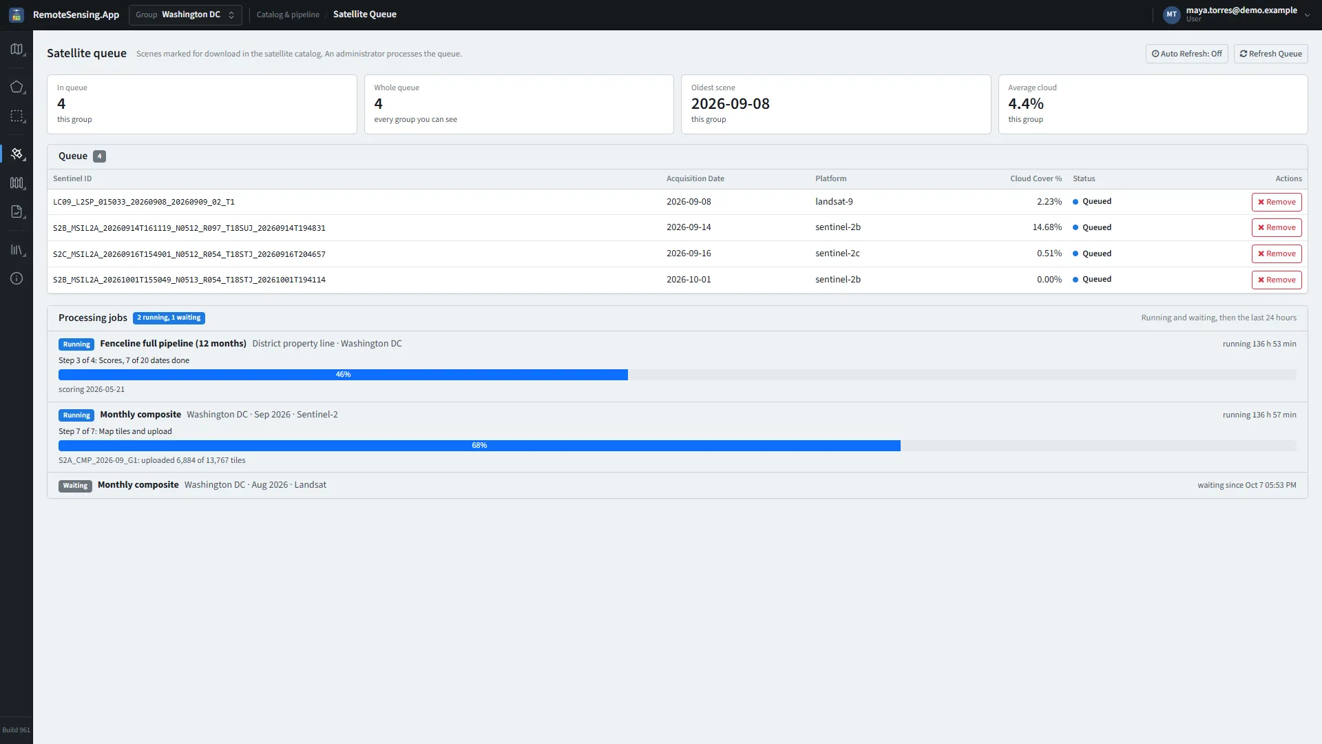 Satellite queue: the scenes marked for download, then the processing jobs.